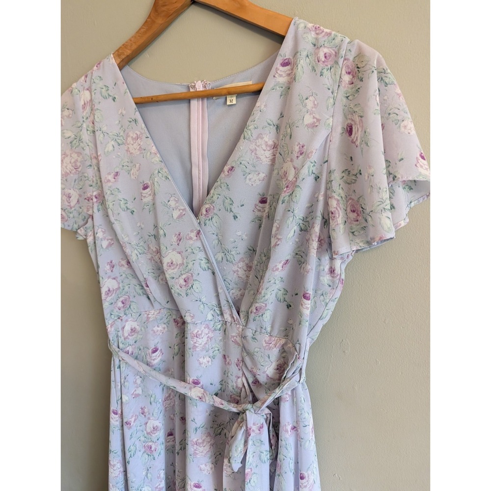 Pastel Floral Dress Fairy Coquette Twee Flutter Sleeve Purple Medium Faux Wrap - Picture 5 of 16